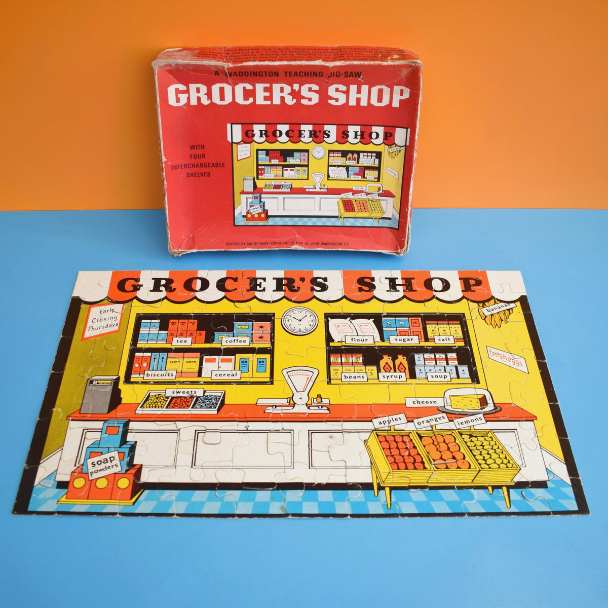 Vintage 1960s Grocer's Shop Cardboard Jigsaw Puzzle - Fill The Shelves by Pineapple Retro