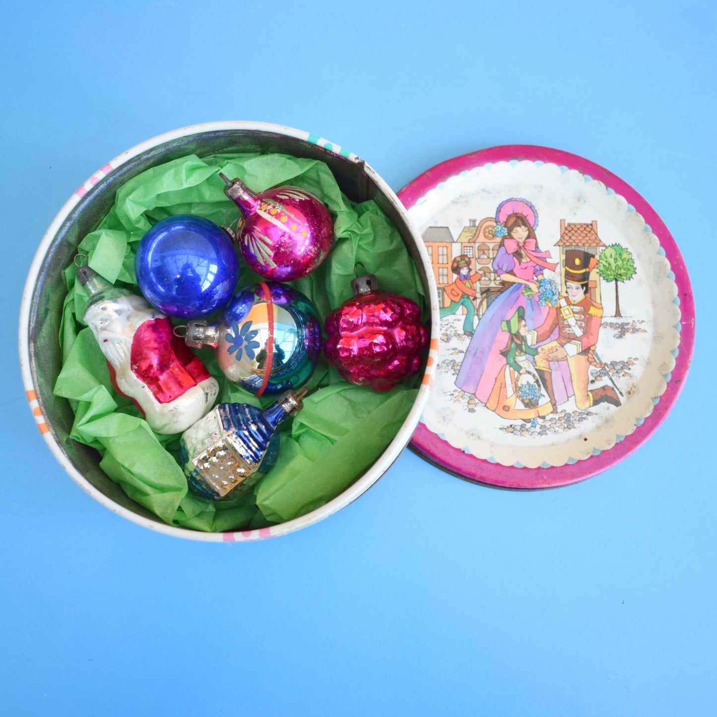 Vintage 1960s Glass Christmas Baubles - Quality Street Tin - Pink/ Blue