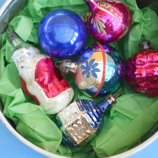 Vintage 1960s Glass Christmas Baubles - Quality Street Tin - Pink/ Blue