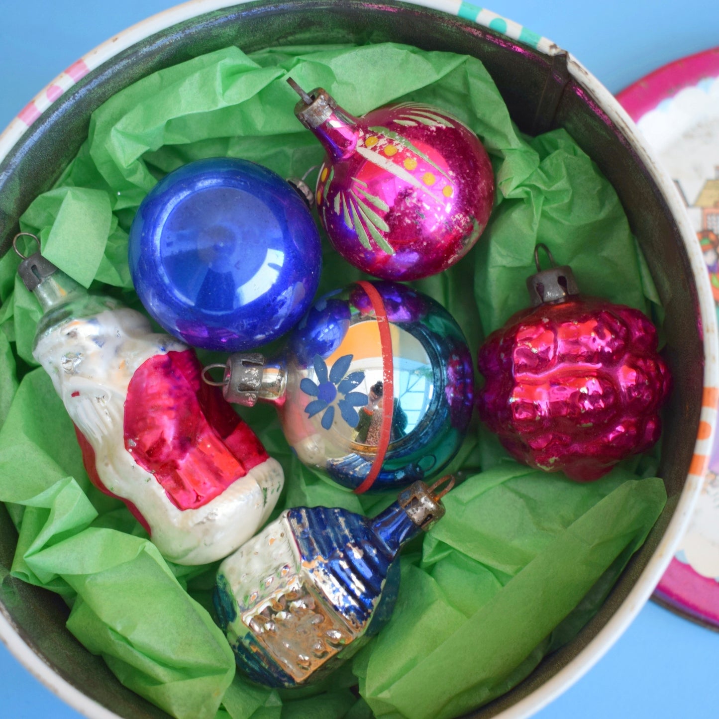 Vintage 1960s Glass Christmas Baubles - Quality Street Tin - Pink/ Blue