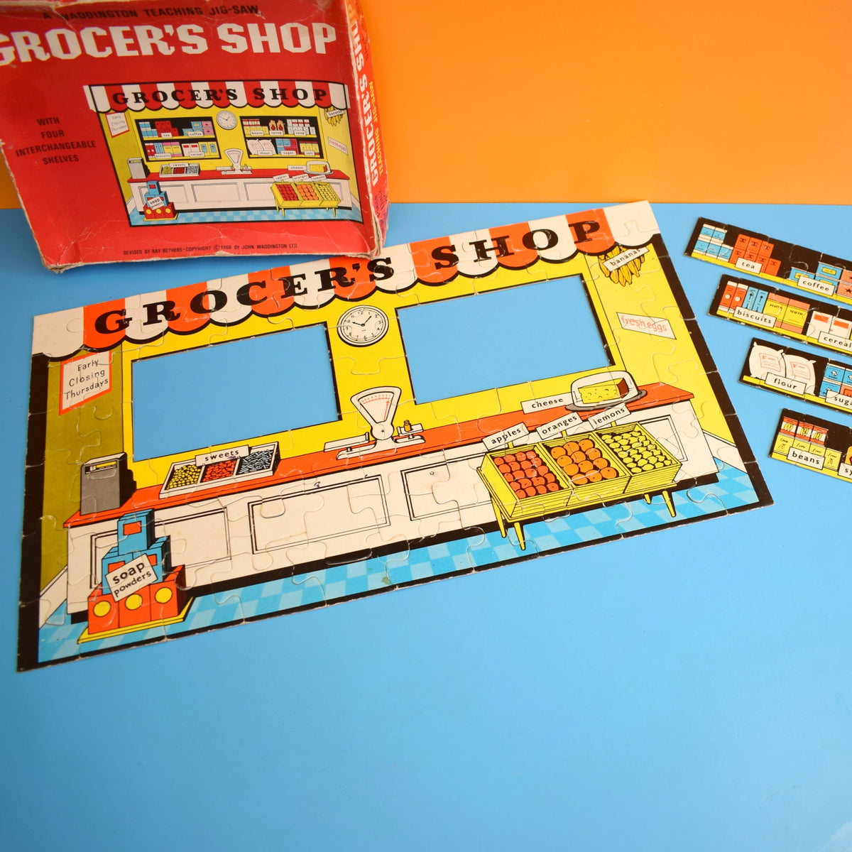 Vintage 1960s Grocer's Shop Cardboard Jigsaw Puzzle - Fill The Shelves by Pineapple Retro