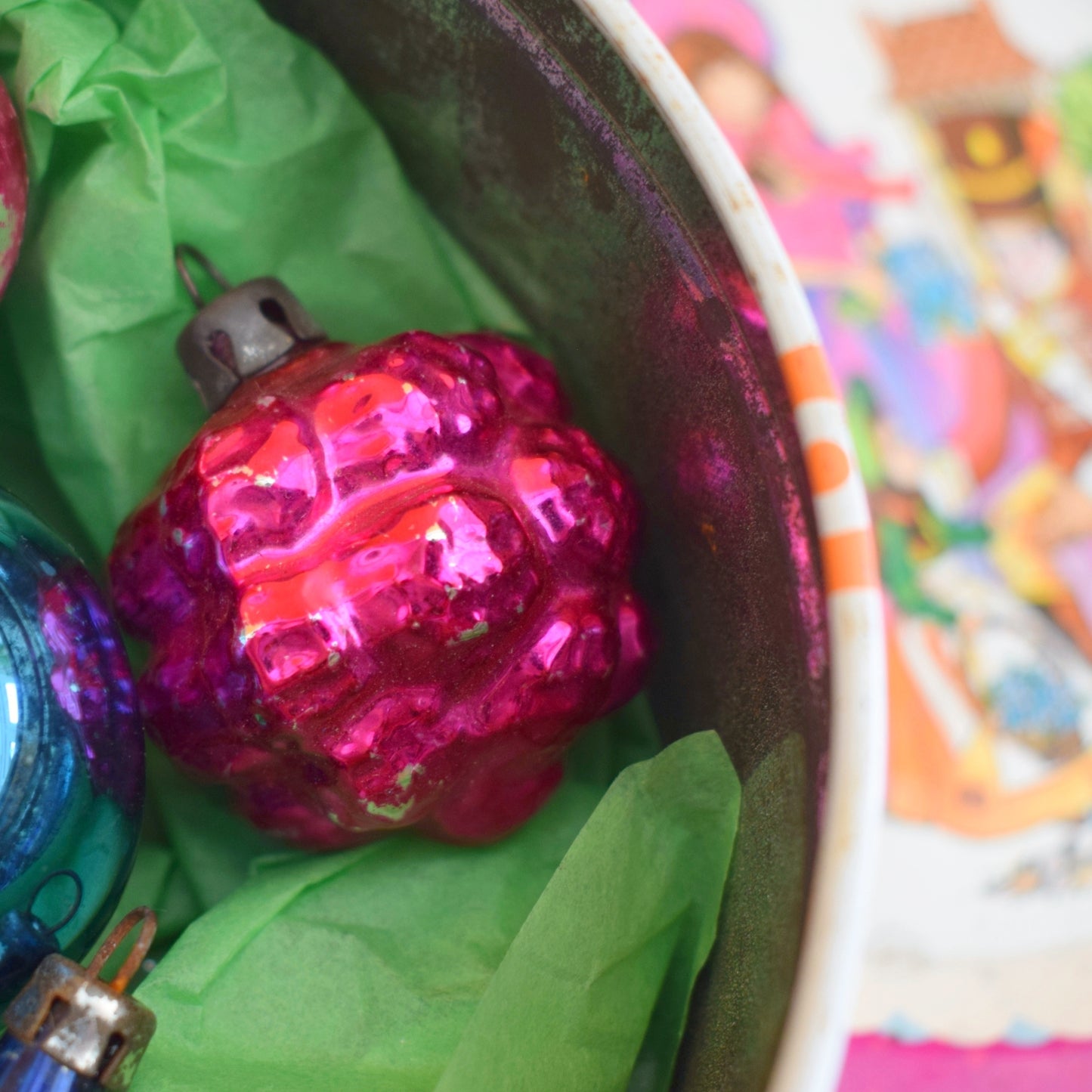 Vintage 1960s Glass Christmas Baubles - Quality Street Tin - Pink/ Blue