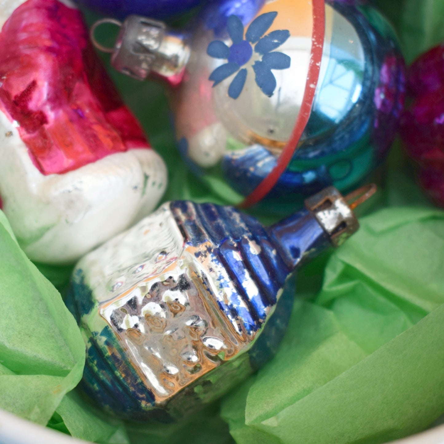 Vintage 1960s Glass Christmas Baubles - Quality Street Tin - Pink/ Blue