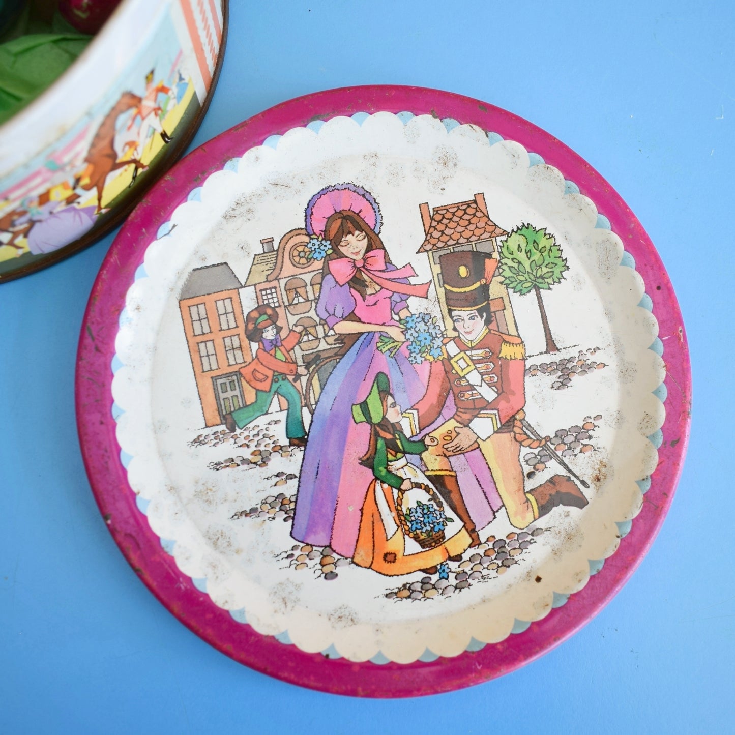 Vintage 1960s Glass Christmas Baubles - Quality Street Tin - Pink/ Blue