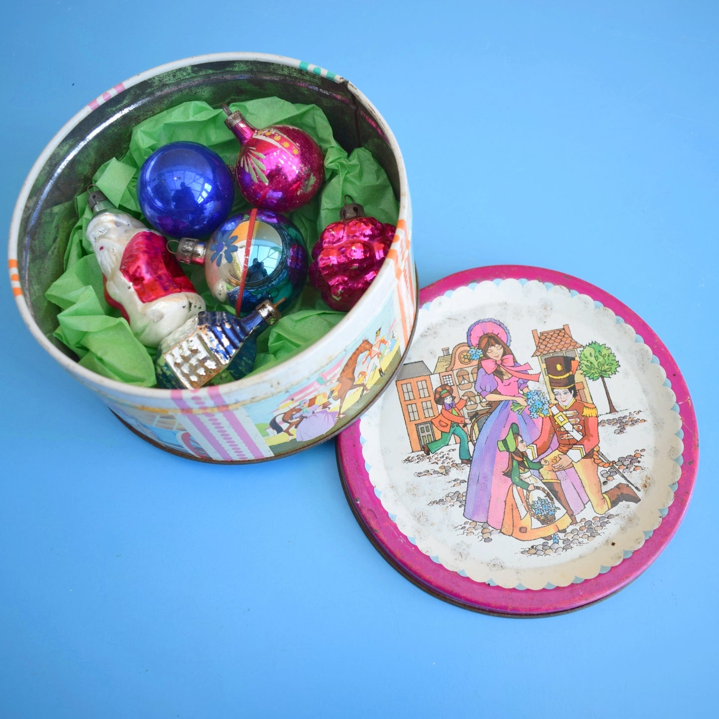 Vintage 1960s Glass Christmas Baubles - Quality Street Tin - Pink/ Blue