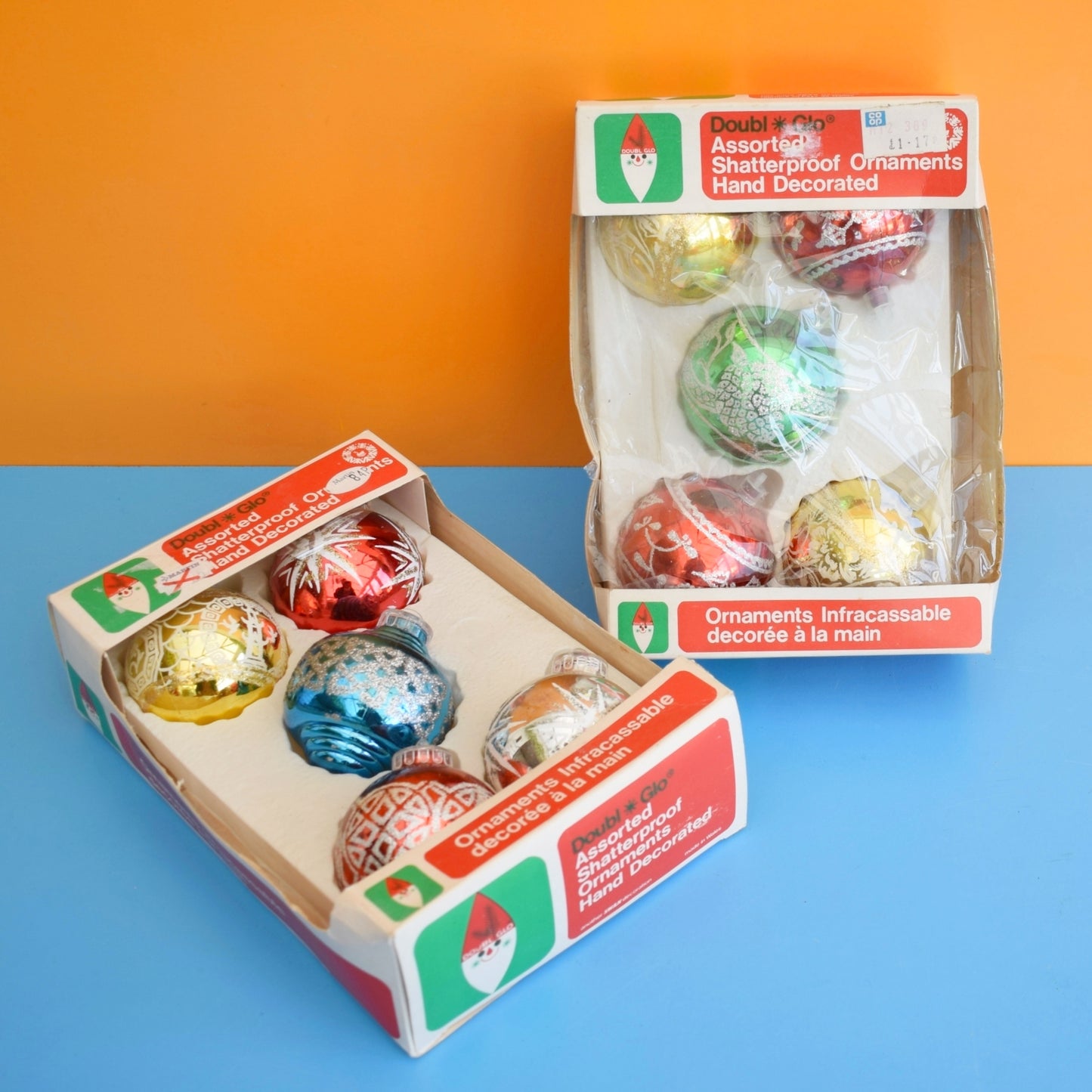 Vintage 1970s Christmas Baubles - Shatterproof Doubl Glo - Boxed