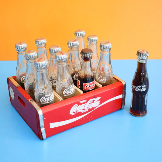 Vintage 1970s Mini 8 Glass Bottles In Crate - Coke/ Coca-Cola - Rare