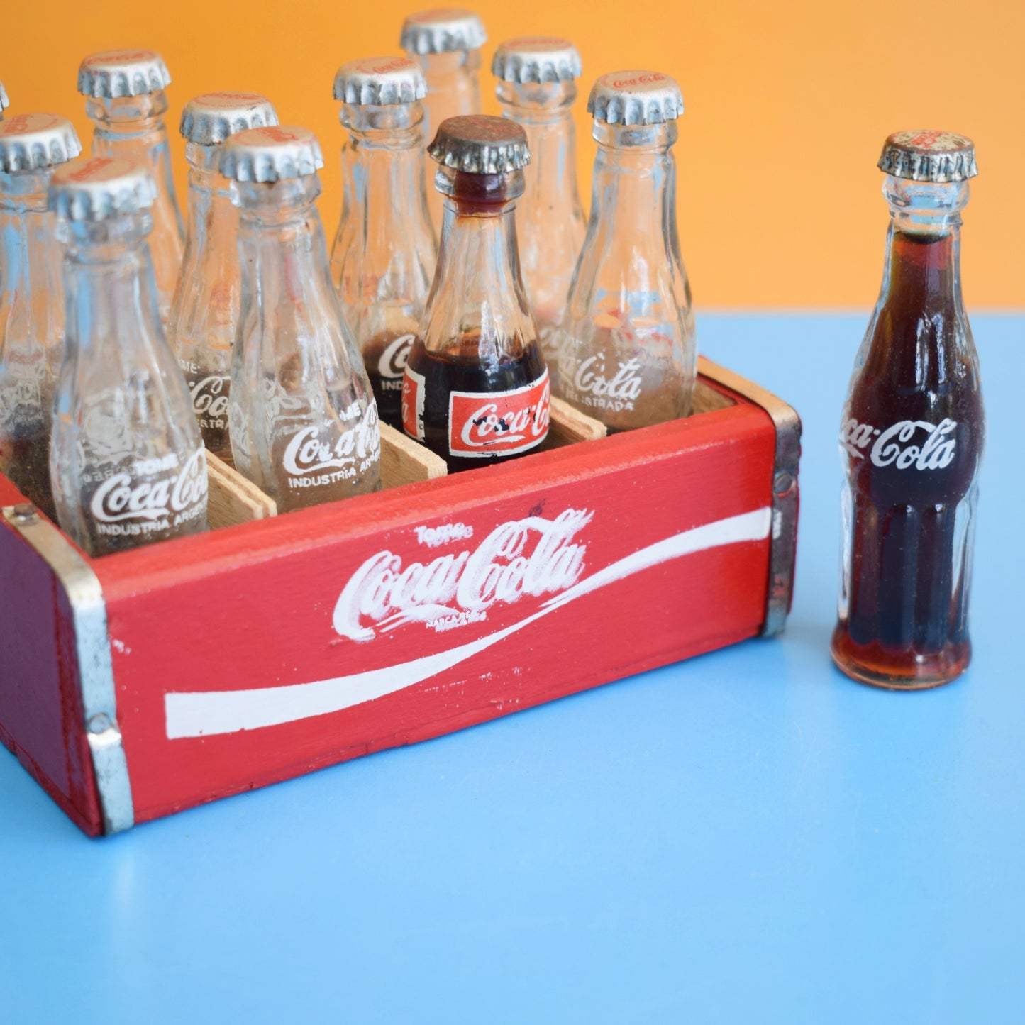 Vintage 1970s Mini 8 Glass Bottles In Crate - Coke/ Coca-Cola - Rare