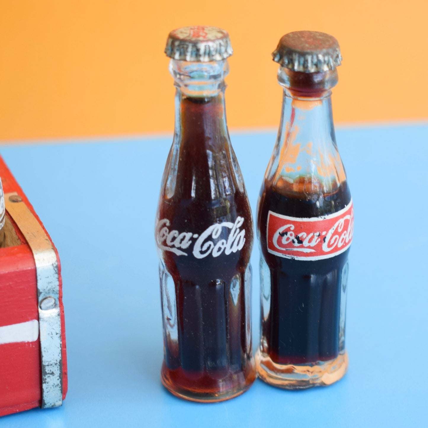 Vintage 1970s Mini 8 Glass Bottles In Crate - Coke/ Coca-Cola - Rare