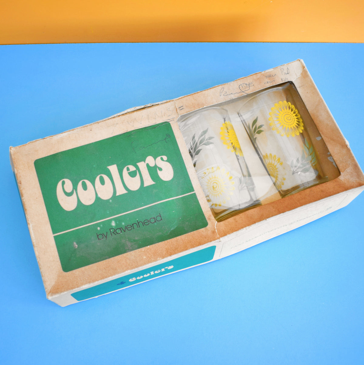 Vintage 1960s Set of Coolers Glasses - Ravenhead - Boxed - Sunflowers by Vintage