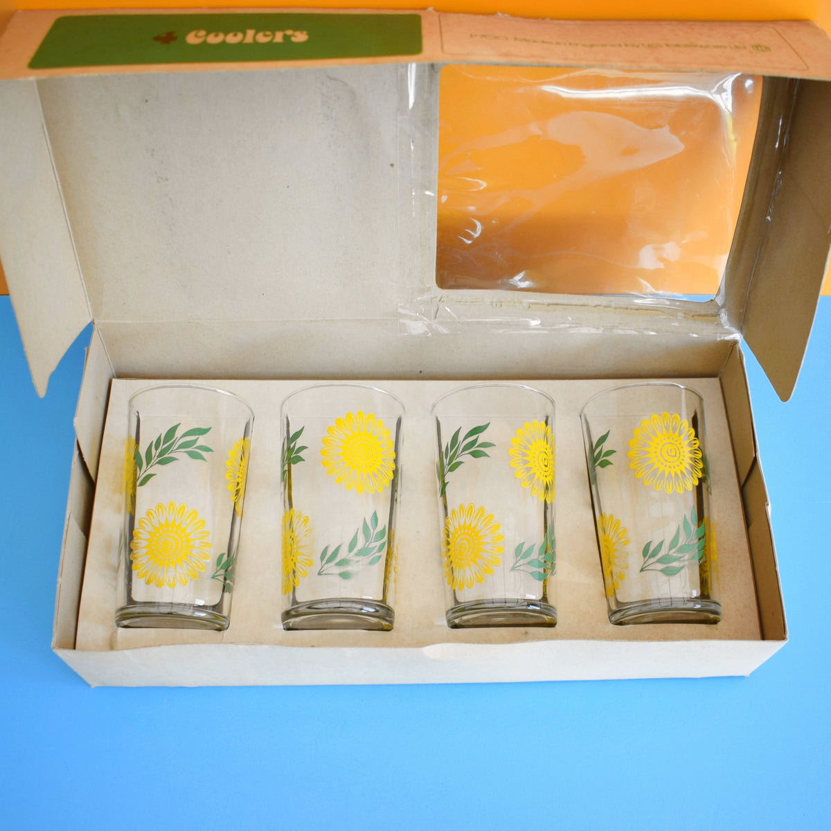 Vintage 1960s Set of Coolers Glasses - Ravenhead - Boxed - Sunflowers by Vintage