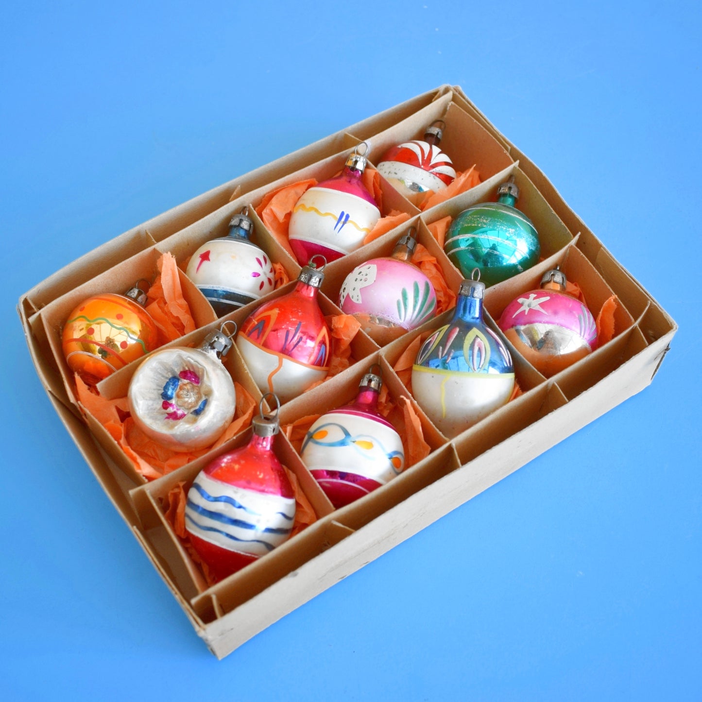 Vintage 1960s Glass Christmas Baubles - 12 Small - Boxed