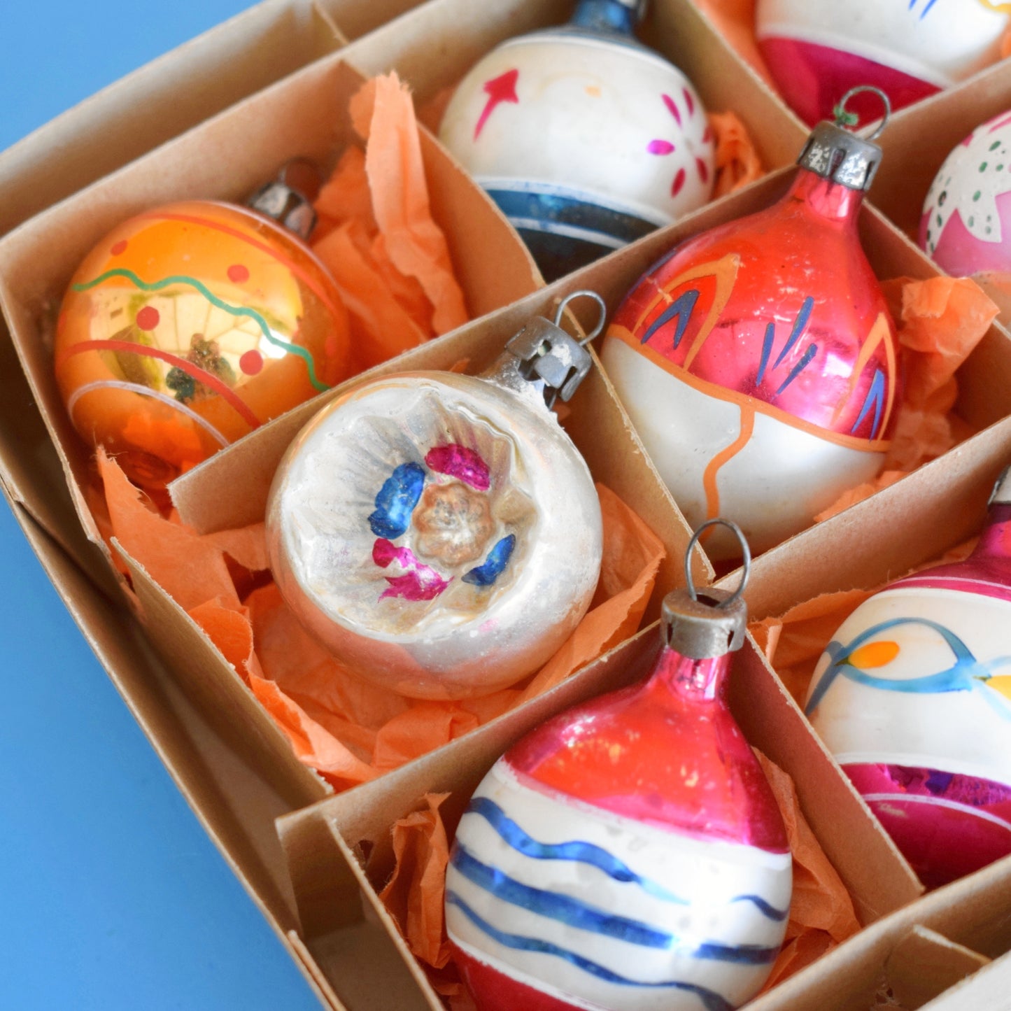 Vintage 1960s Glass Christmas Baubles - 12 Small - Boxed