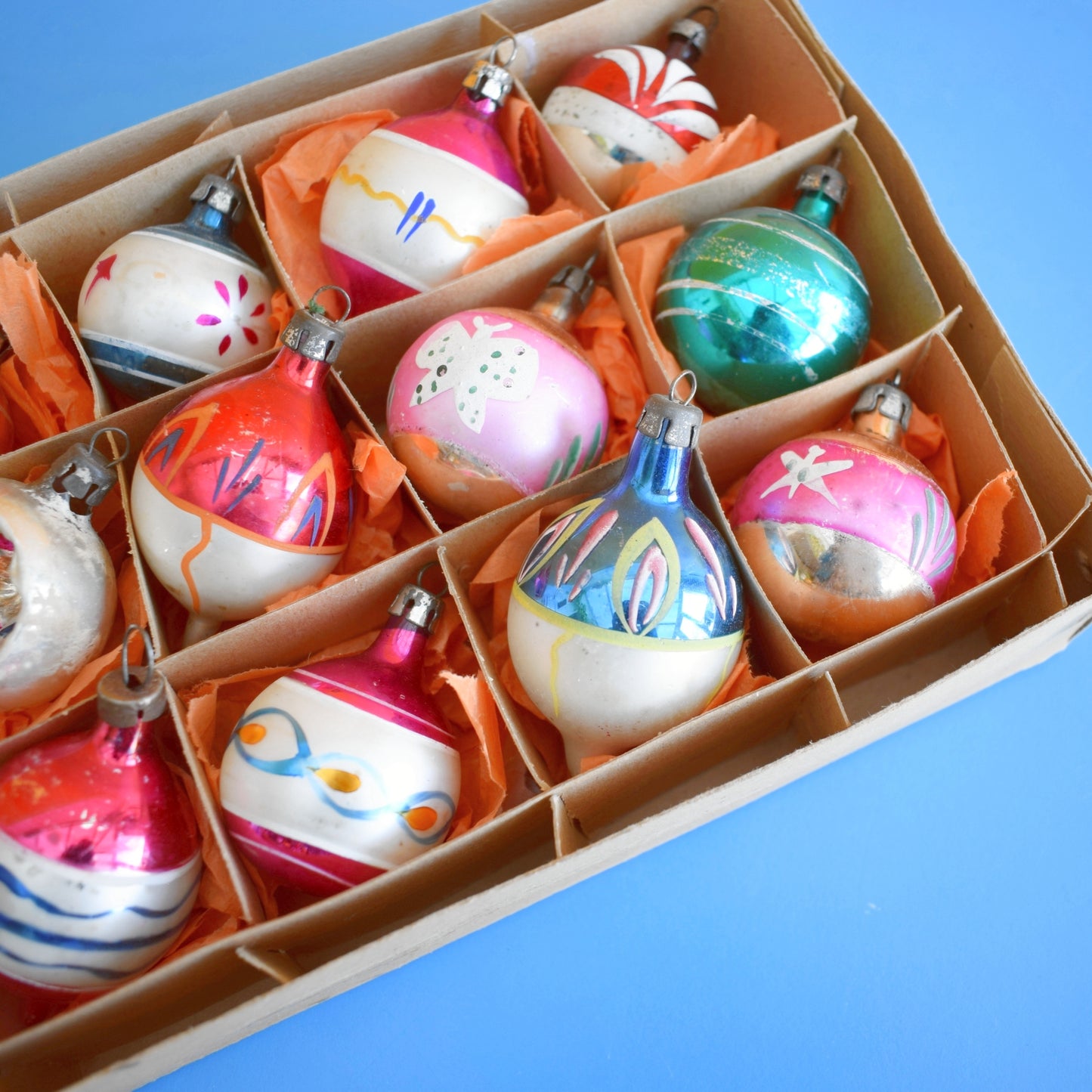 Vintage 1960s Glass Christmas Baubles - 12 Small - Boxed