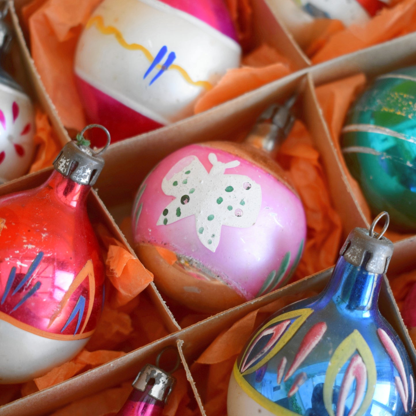 Vintage 1960s Glass Christmas Baubles - 12 Small - Boxed