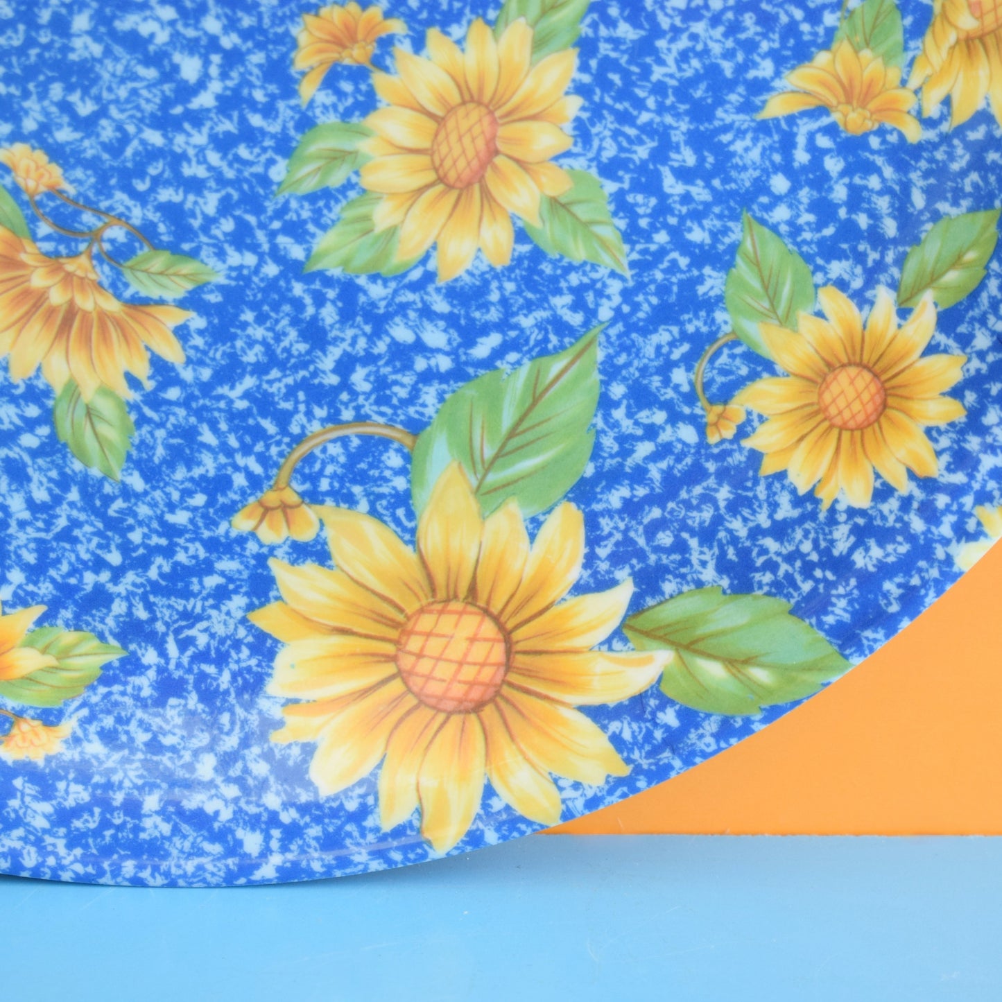 Vintage 1990s Tray - Round Melamine- Sunflowers & Blue