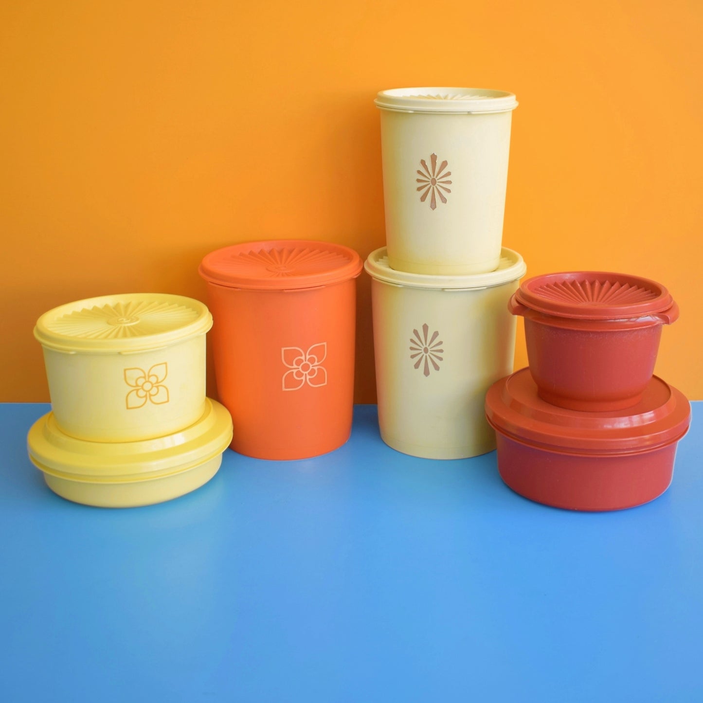 Vintage 1970s Tupperware Selection Of Containers - Rust / Yellow /Cream