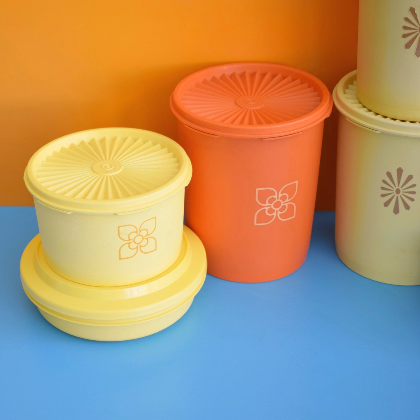 Vintage 1970s Tupperware Selection Of Containers - Rust / Yellow /Cream