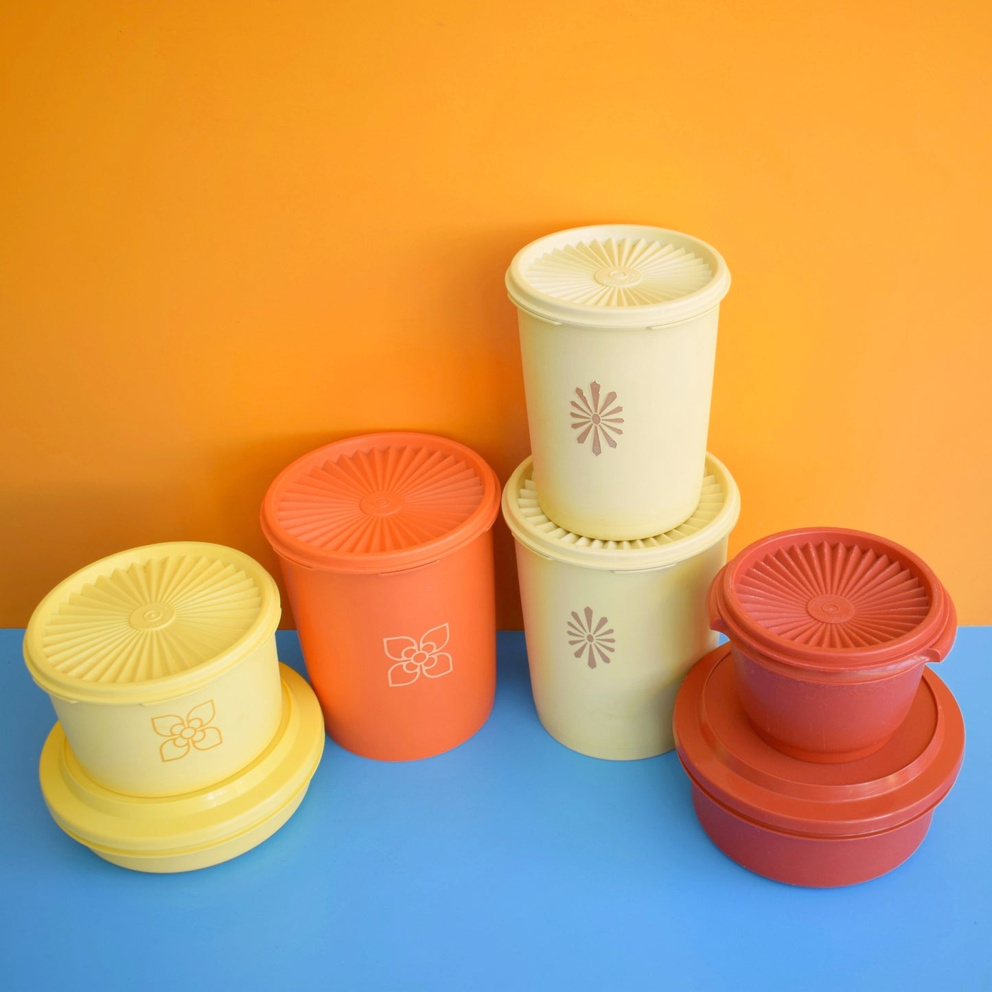 Vintage 1970s Tupperware Selection Of Containers - Rust / Yellow /Cream
