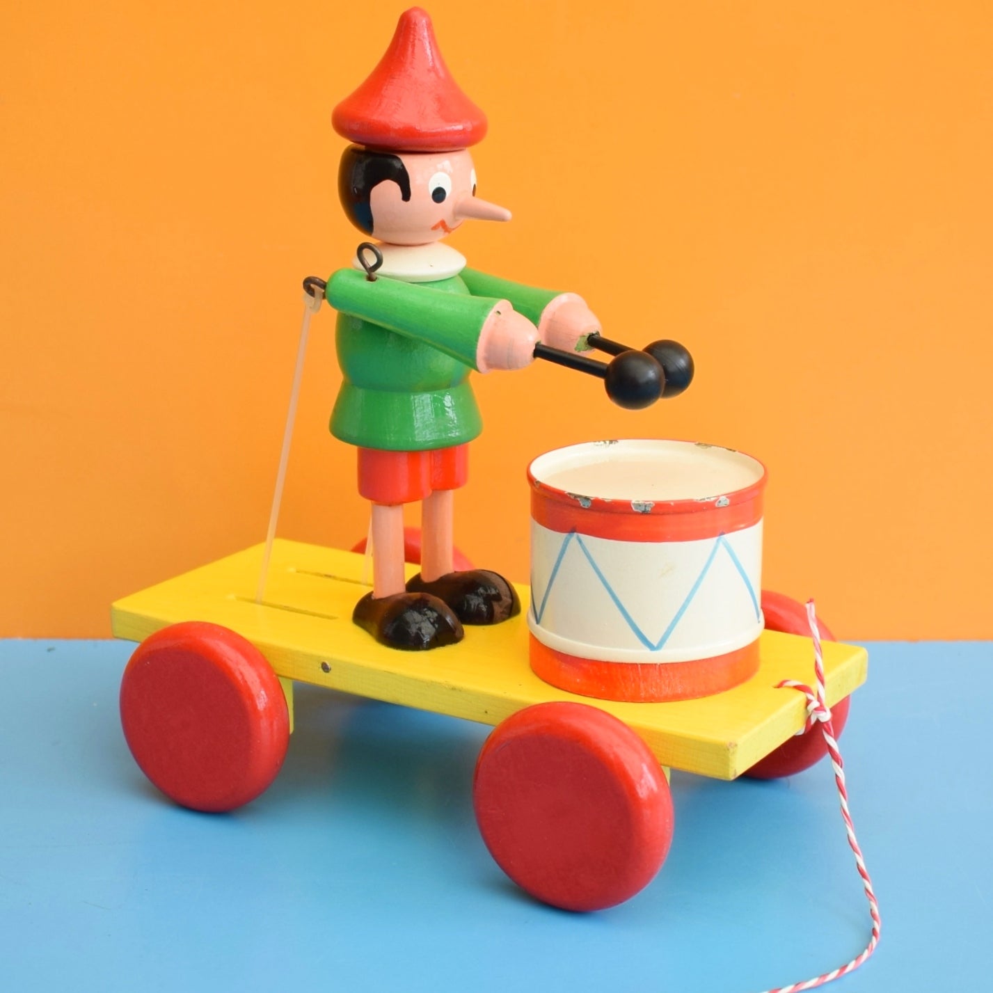 Vintage 1970s Wooden Pull Along Drumming Pinocchio