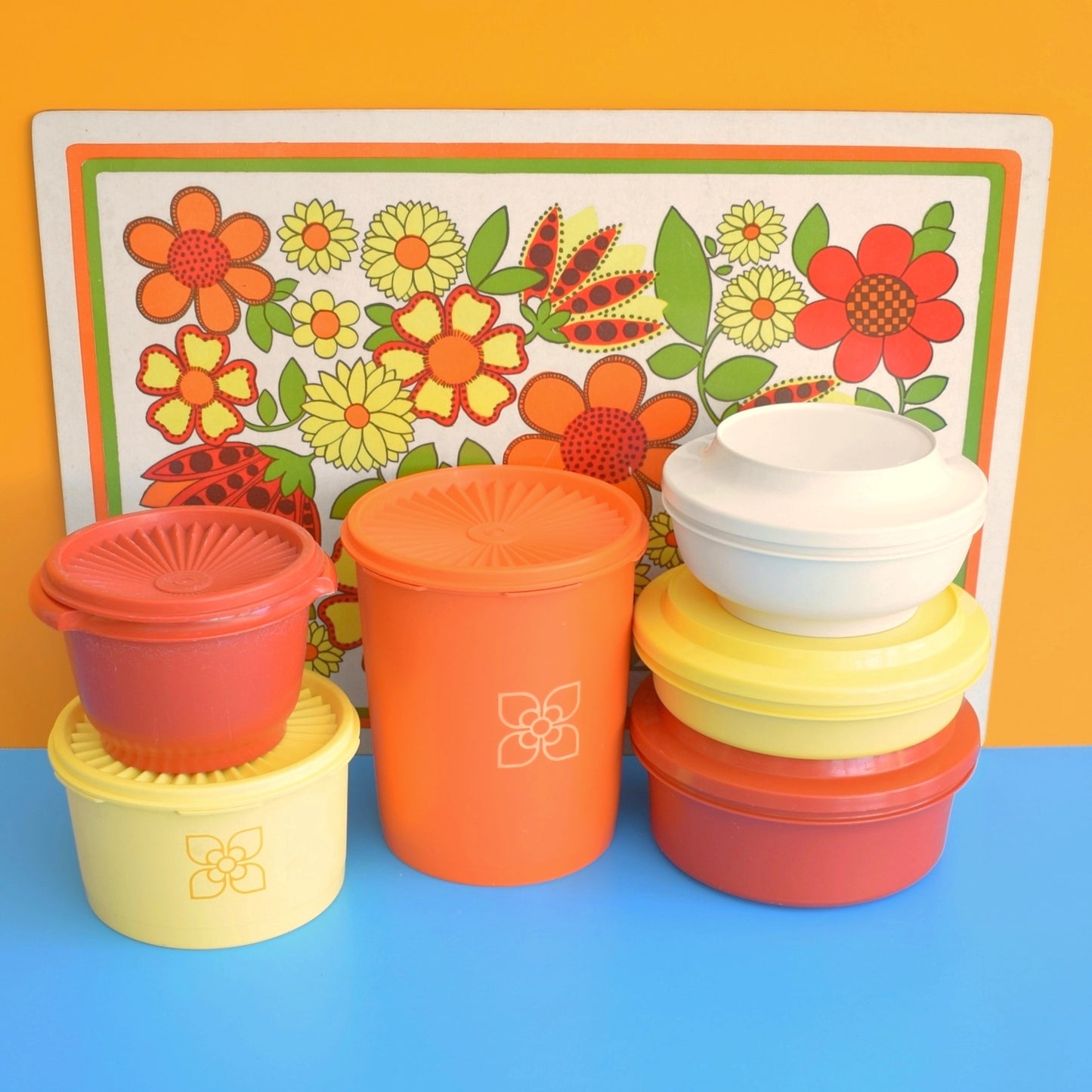 Vintage 1970s Tupperware Selection Of Containers - Rust / Yellow /Cream