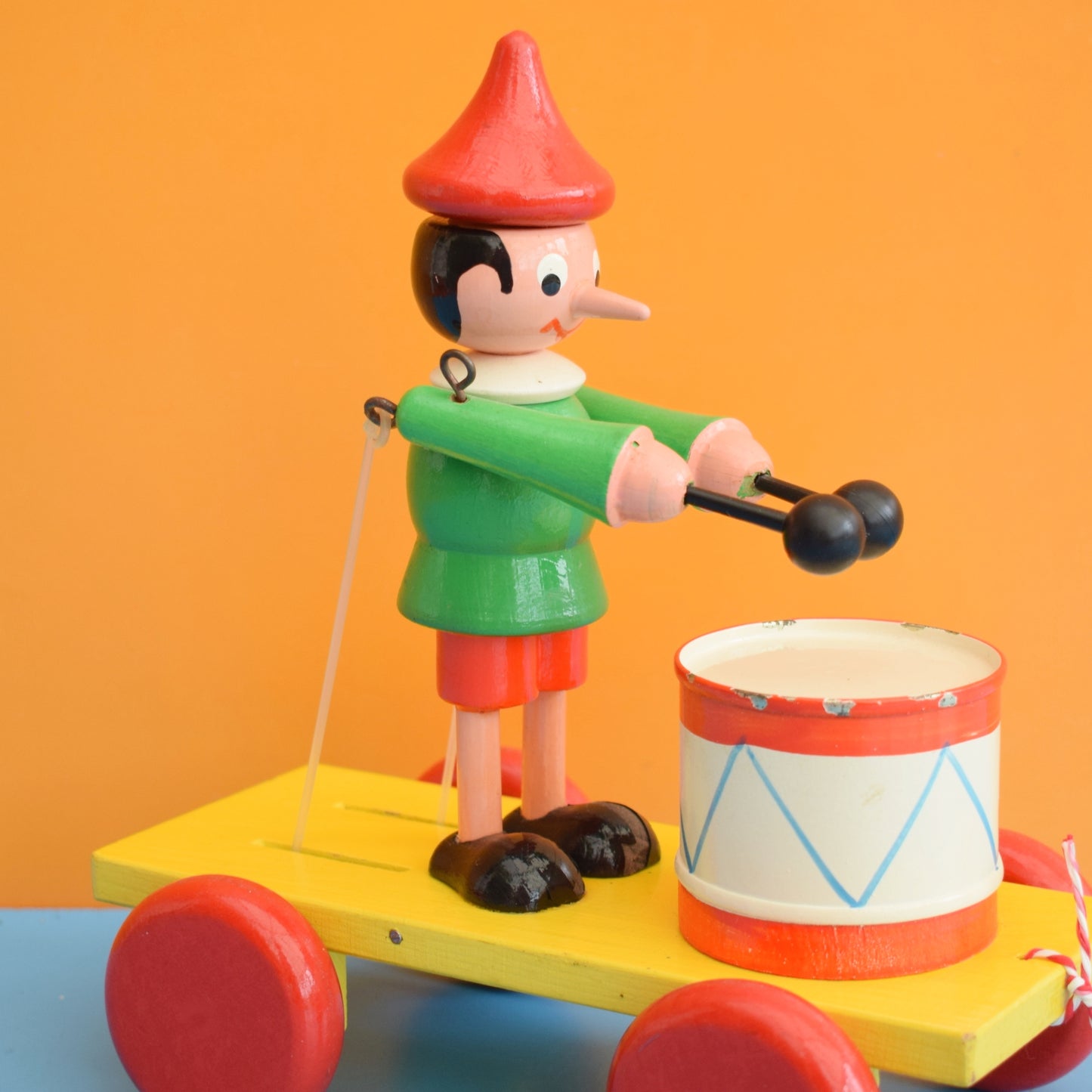 Vintage 1970s Wooden Pull Along Drumming Pinocchio
