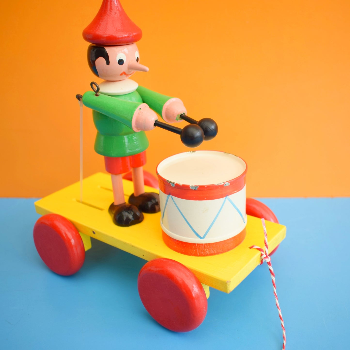 Vintage 1970s Wooden Pull Along Drumming Pinocchio