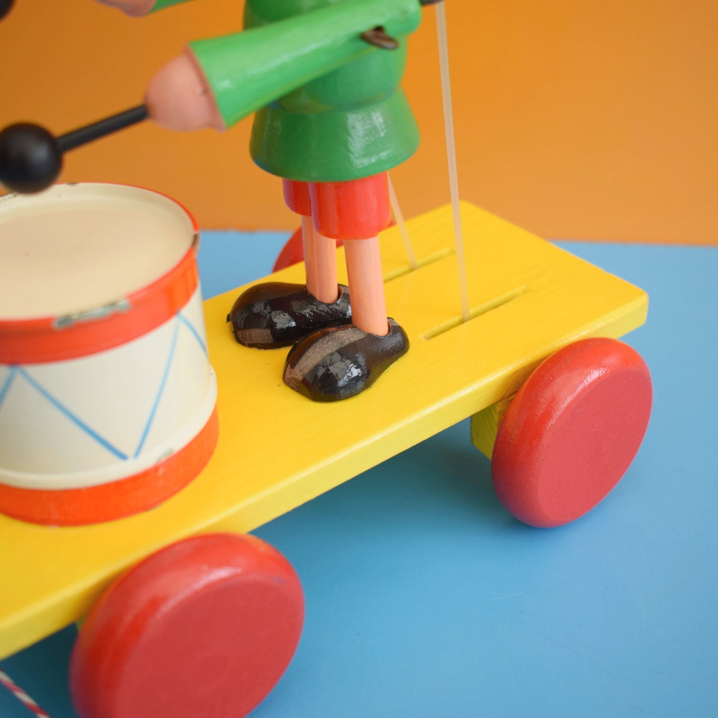 Vintage 1970s Wooden Pull Along Drumming Pinocchio