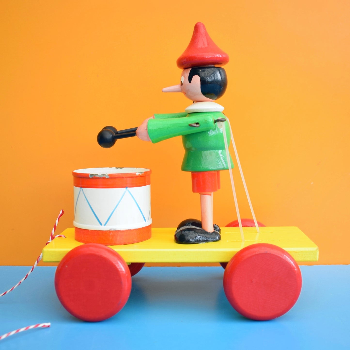 Vintage 1970s Wooden Pull Along Drumming Pinocchio