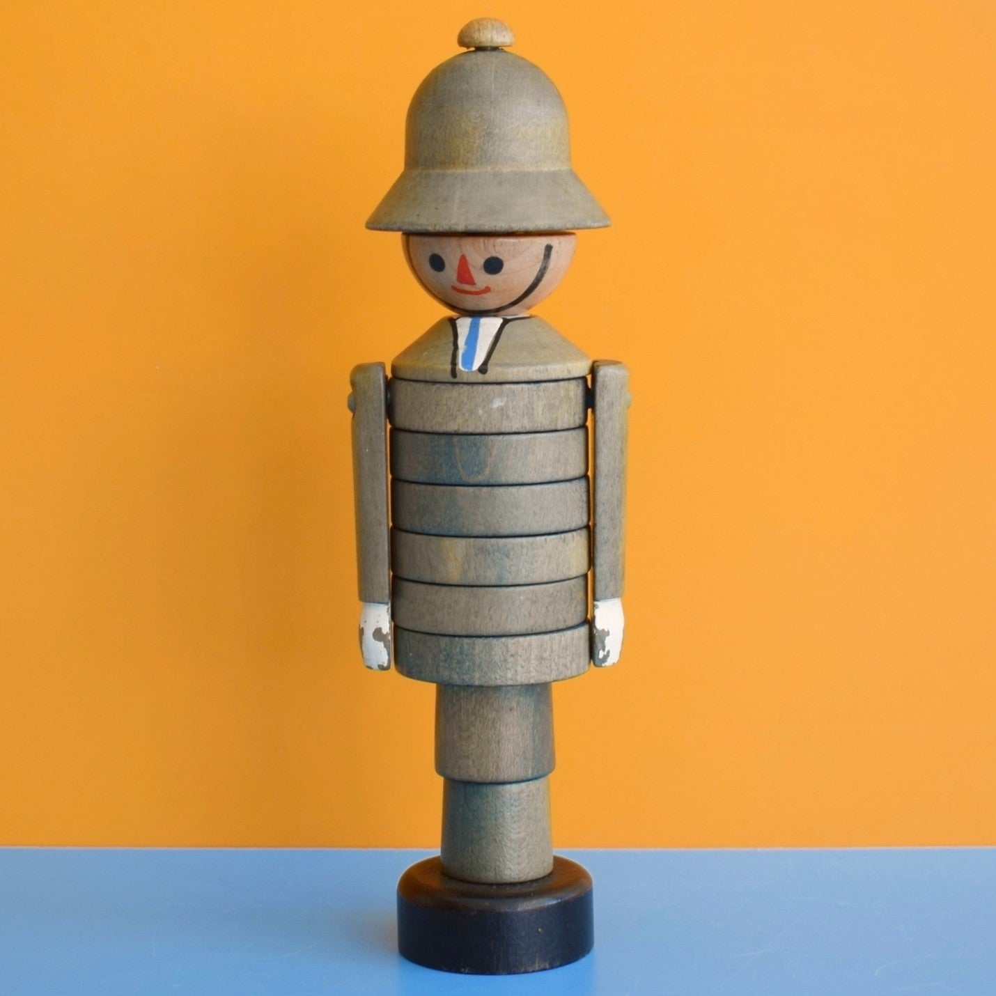 Vintage 1970s Wooden Stacking Police Man - Blue - Czechoslovakia