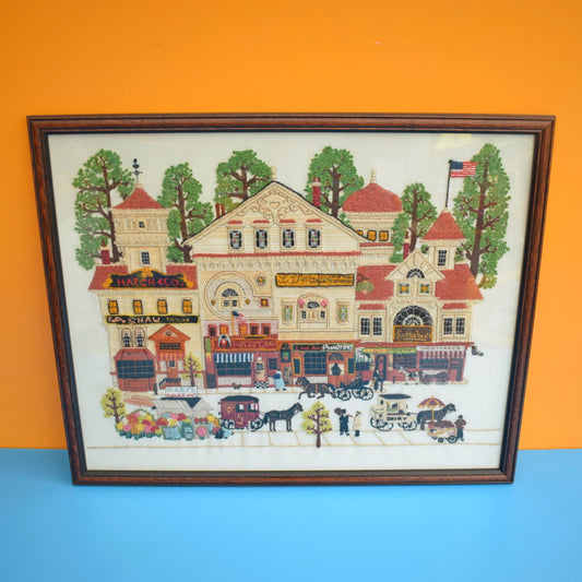 Vintage 1980s Tapestry Crewel Picture - American Street Scene