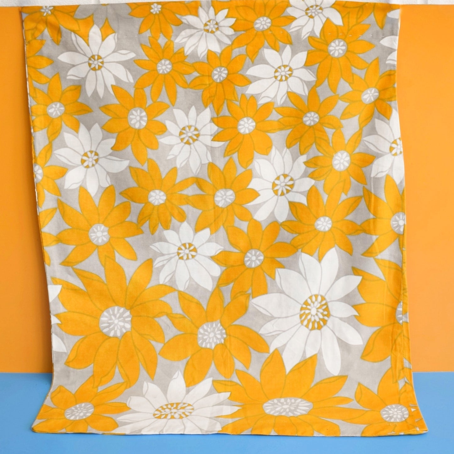 Vintage 1970s Single Pillowcase - Flower Power - Mustard Yellow & Grey