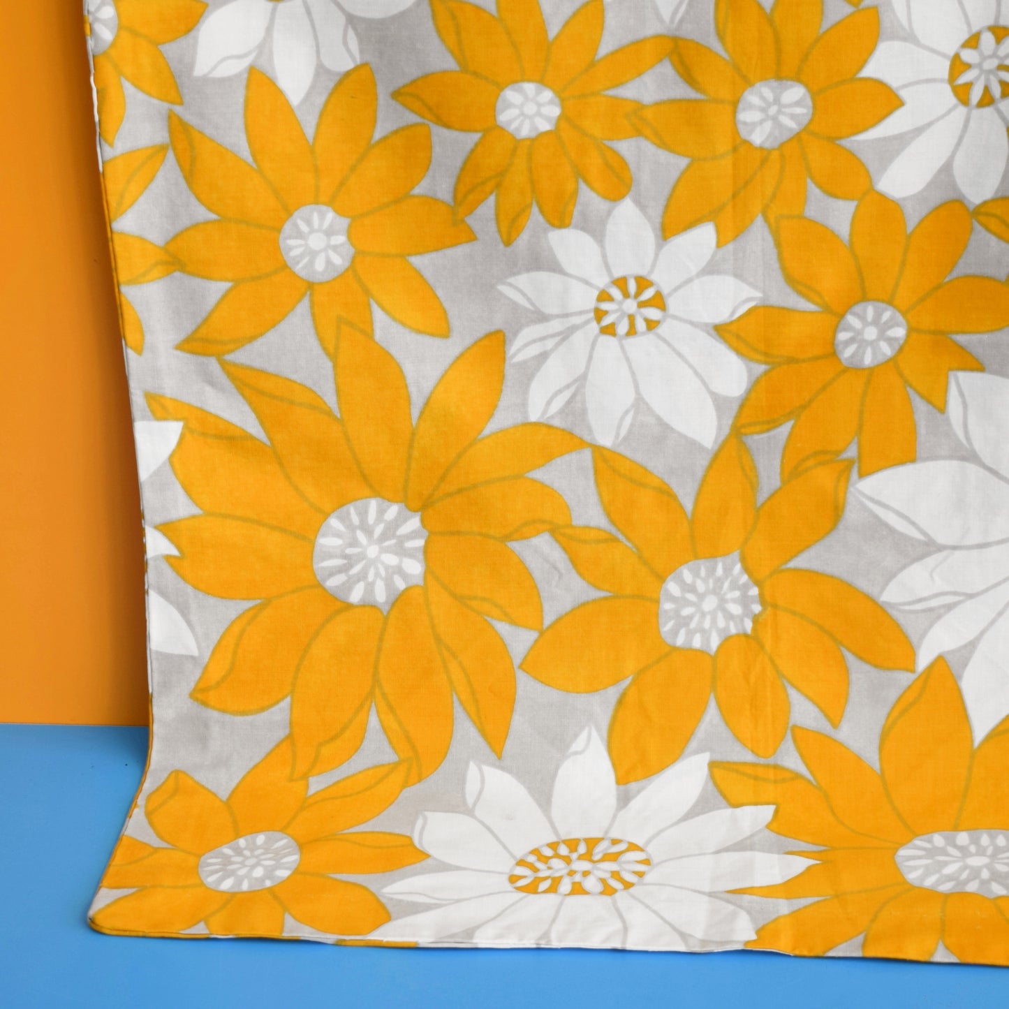 Vintage 1970s Single Pillowcase - Flower Power - Mustard Yellow & Grey
