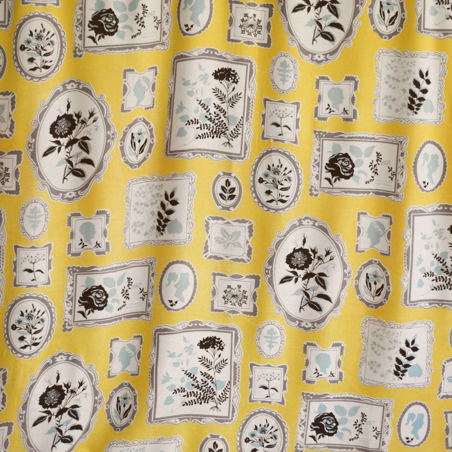 Vintage 1950s Curtains - Rayon Mix - Yellow / Grey Picture Frames