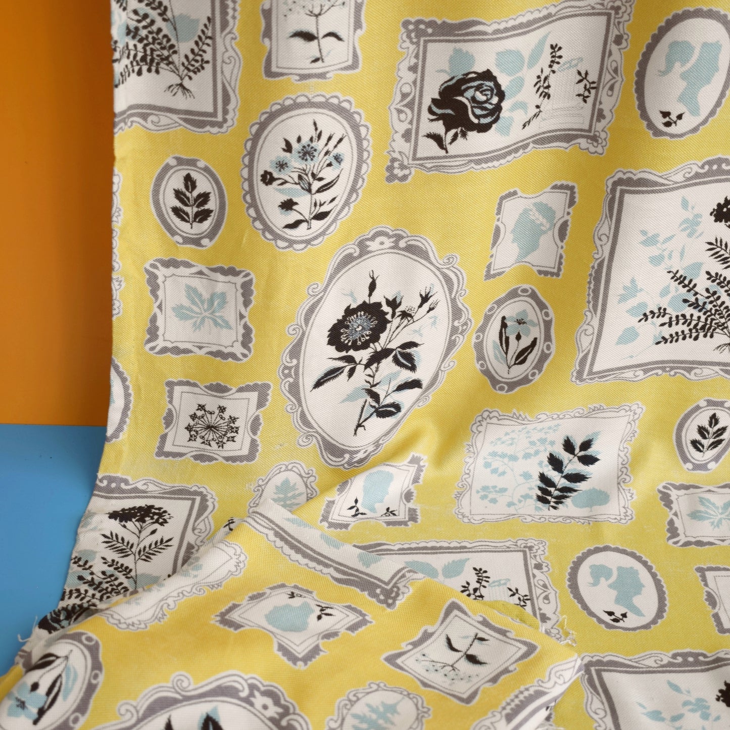 Vintage 1950s Curtains - Rayon Mix - Yellow / Grey Picture Frames