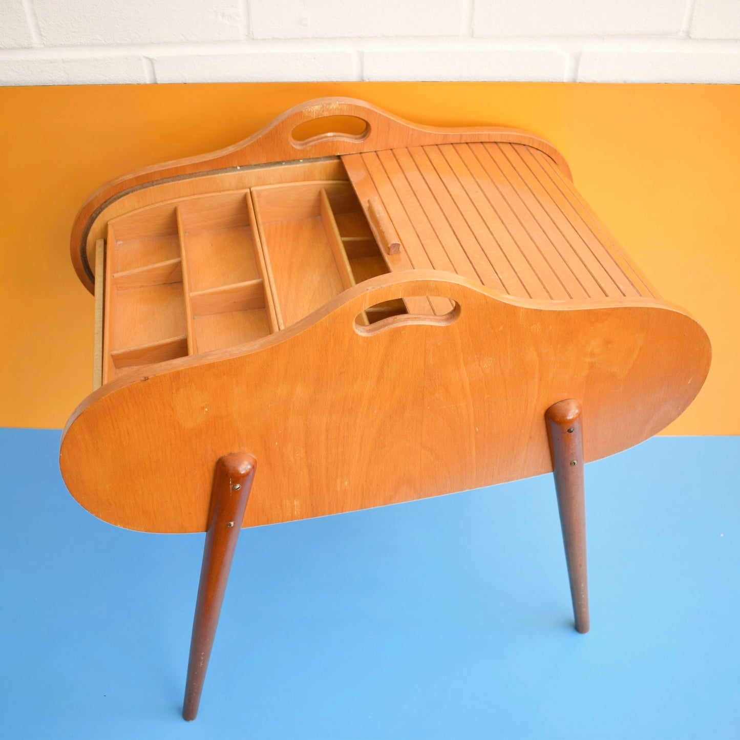 Vintage 1960s Sewing / Hobby Box - Tambour / Roll Top - Beech Wood
