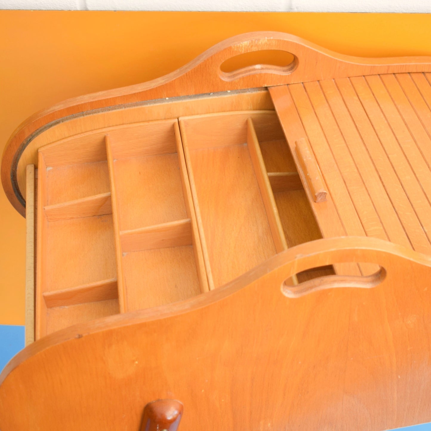 Vintage 1960s Sewing / Hobby Box - Tambour / Roll Top - Beech Wood