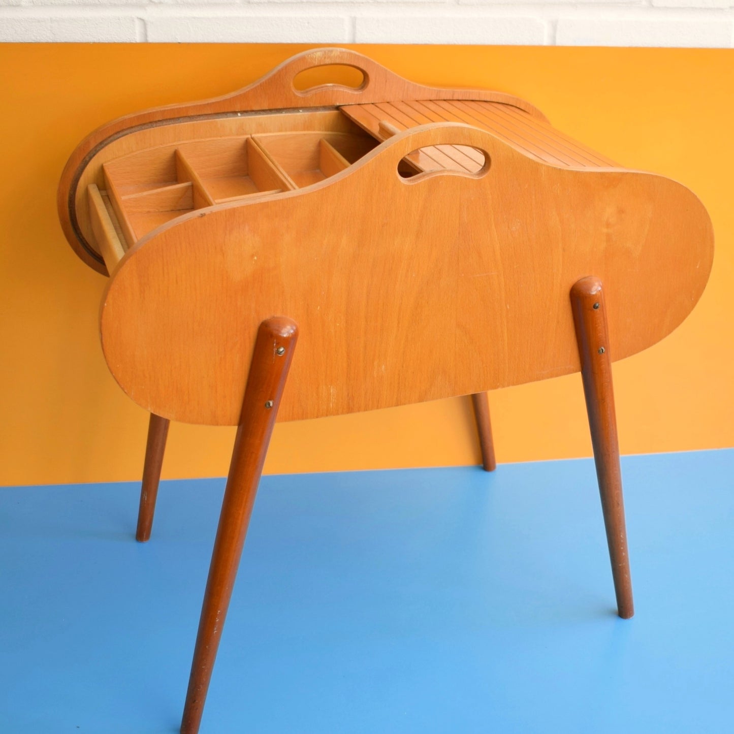 Vintage 1960s Sewing / Hobby Box - Tambour / Roll Top - Beech Wood