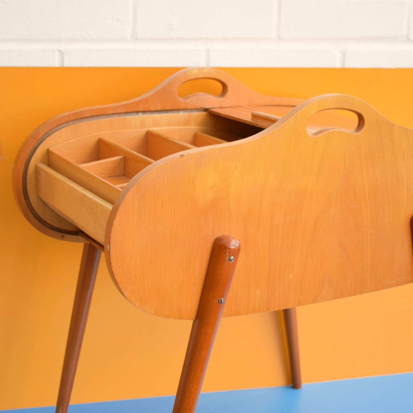 Vintage 1960s Sewing / Hobby Box - Tambour / Roll Top - Beech Wood