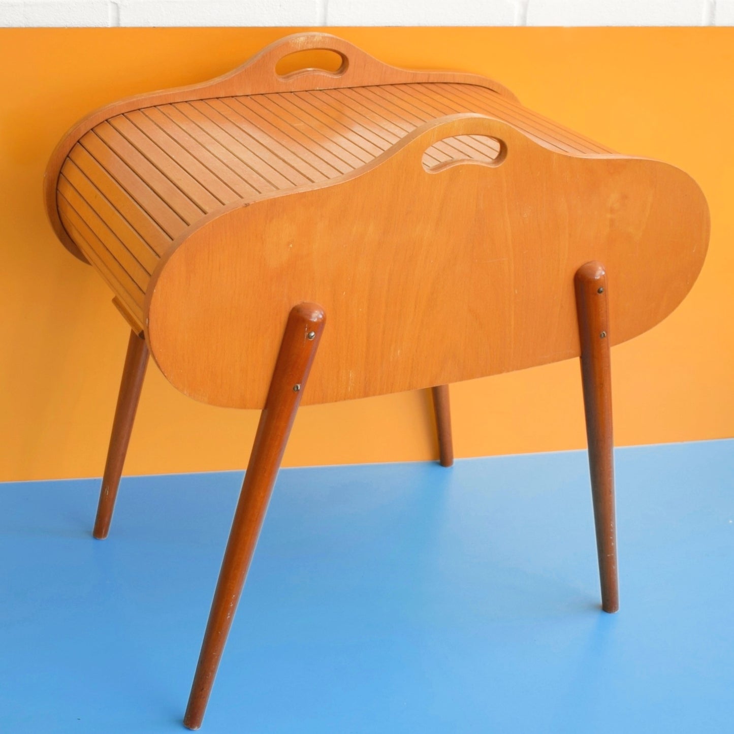 Vintage 1960s Sewing / Hobby Box - Tambour / Roll Top - Beech Wood