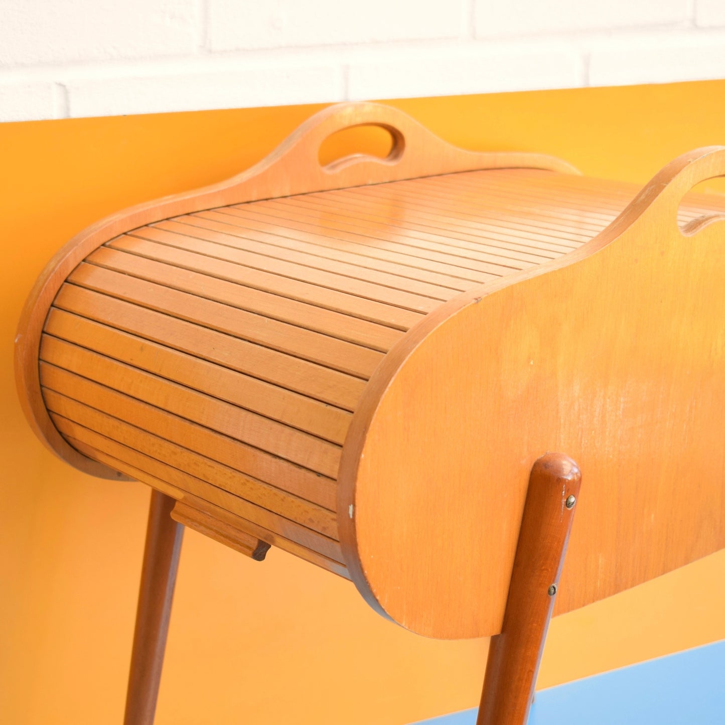 Vintage 1960s Sewing / Hobby Box - Tambour / Roll Top - Beech Wood