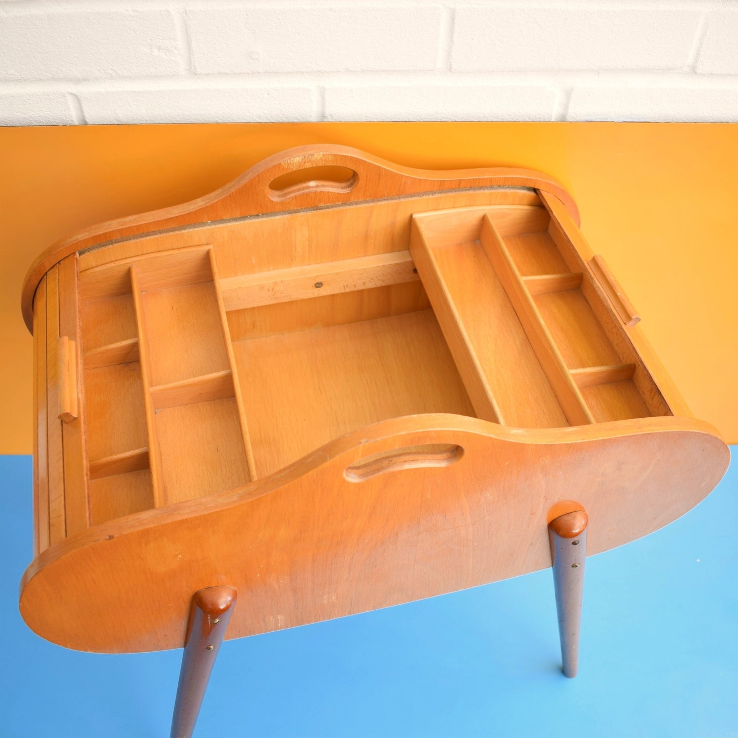 Vintage 1960s Sewing / Hobby Box - Tambour / Roll Top - Beech Wood