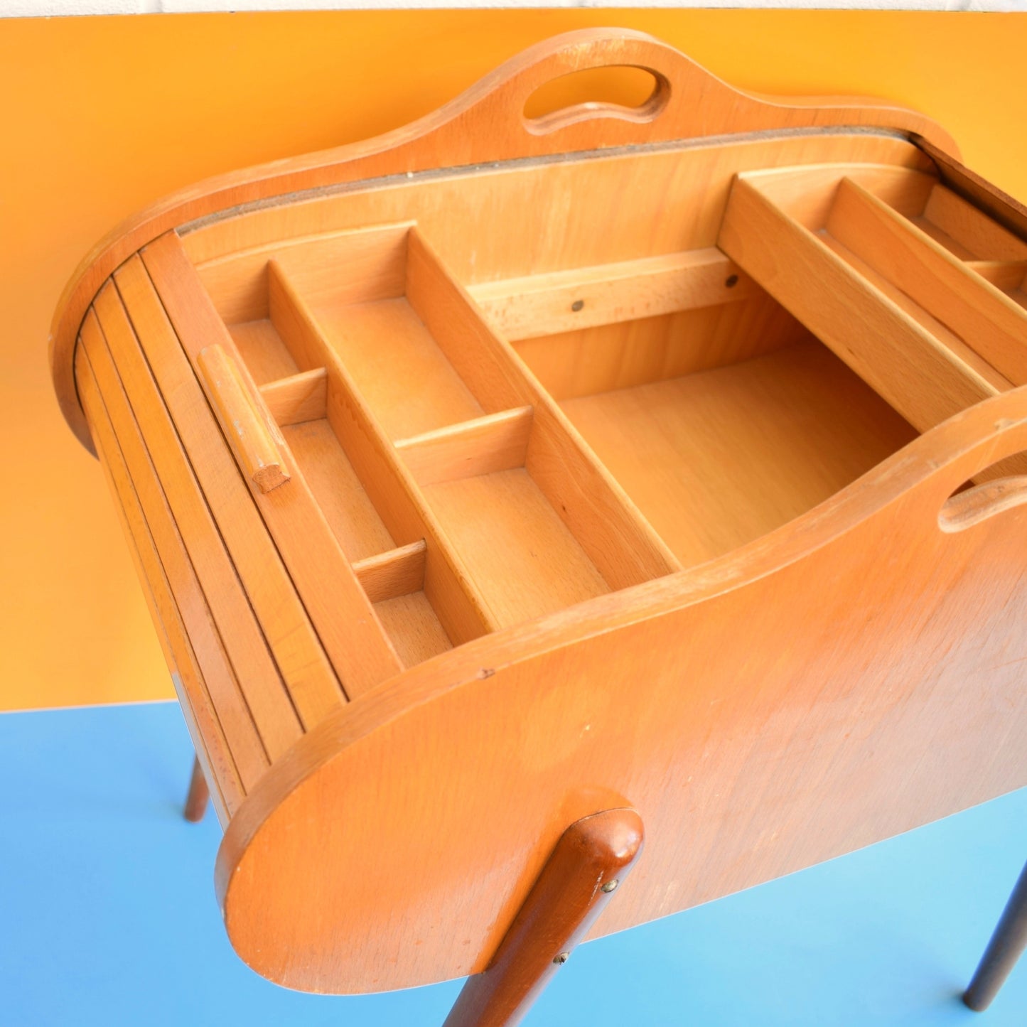 Vintage 1960s Sewing / Hobby Box - Tambour / Roll Top - Beech Wood