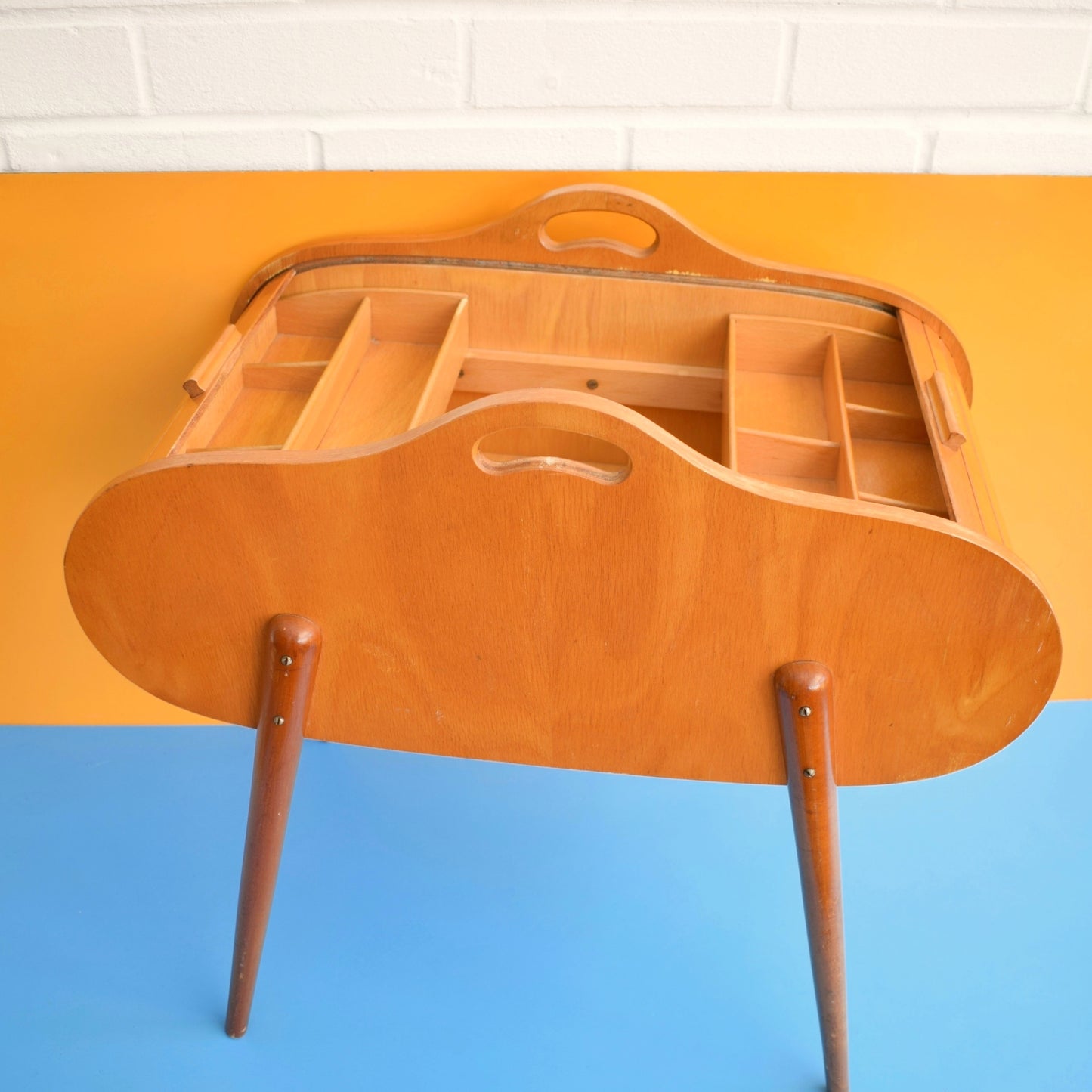 Vintage 1960s Sewing / Hobby Box - Tambour / Roll Top - Beech Wood