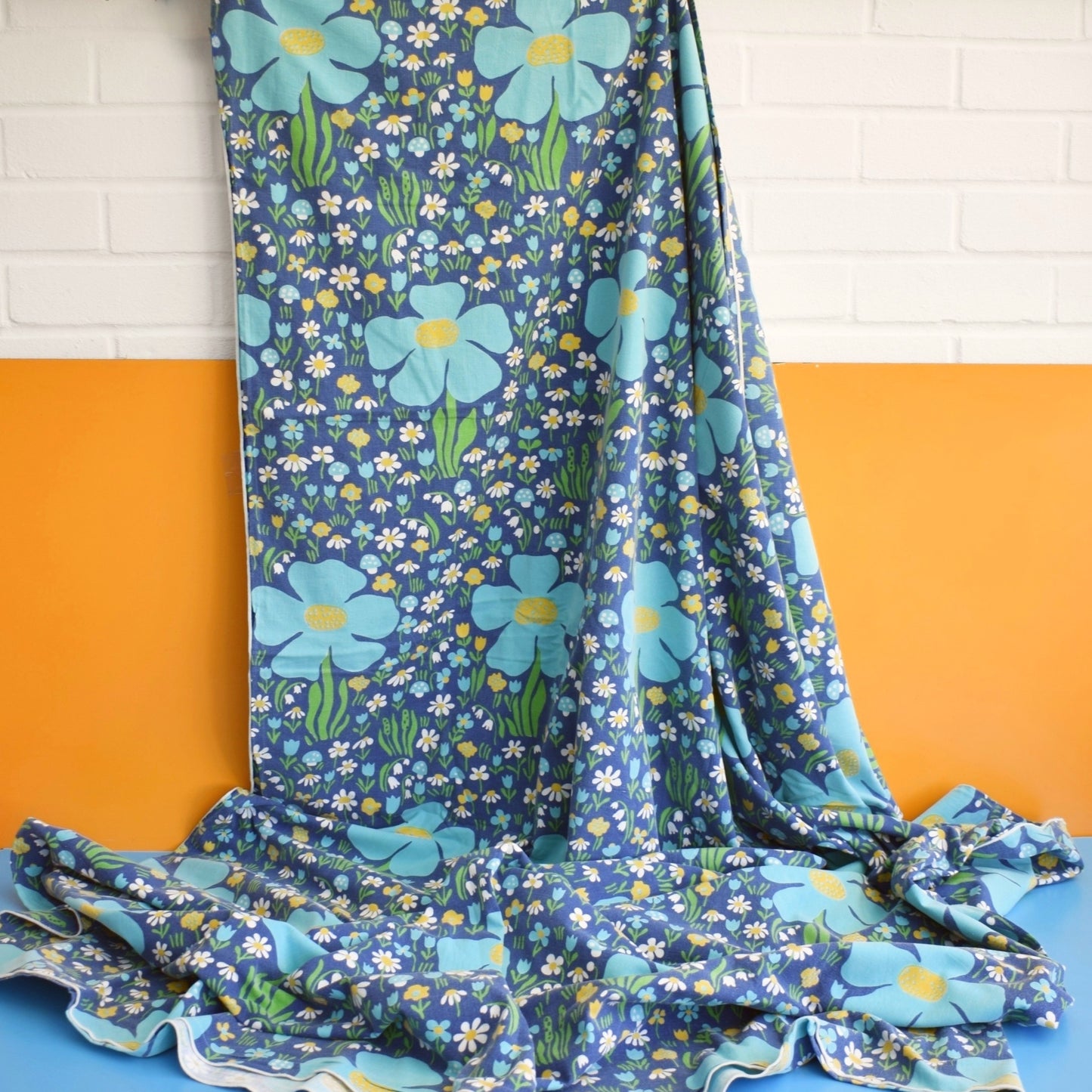 Vintage 1960s Swedish Flower & Toadstool - Single Duvet Cover / Fabric - Blue