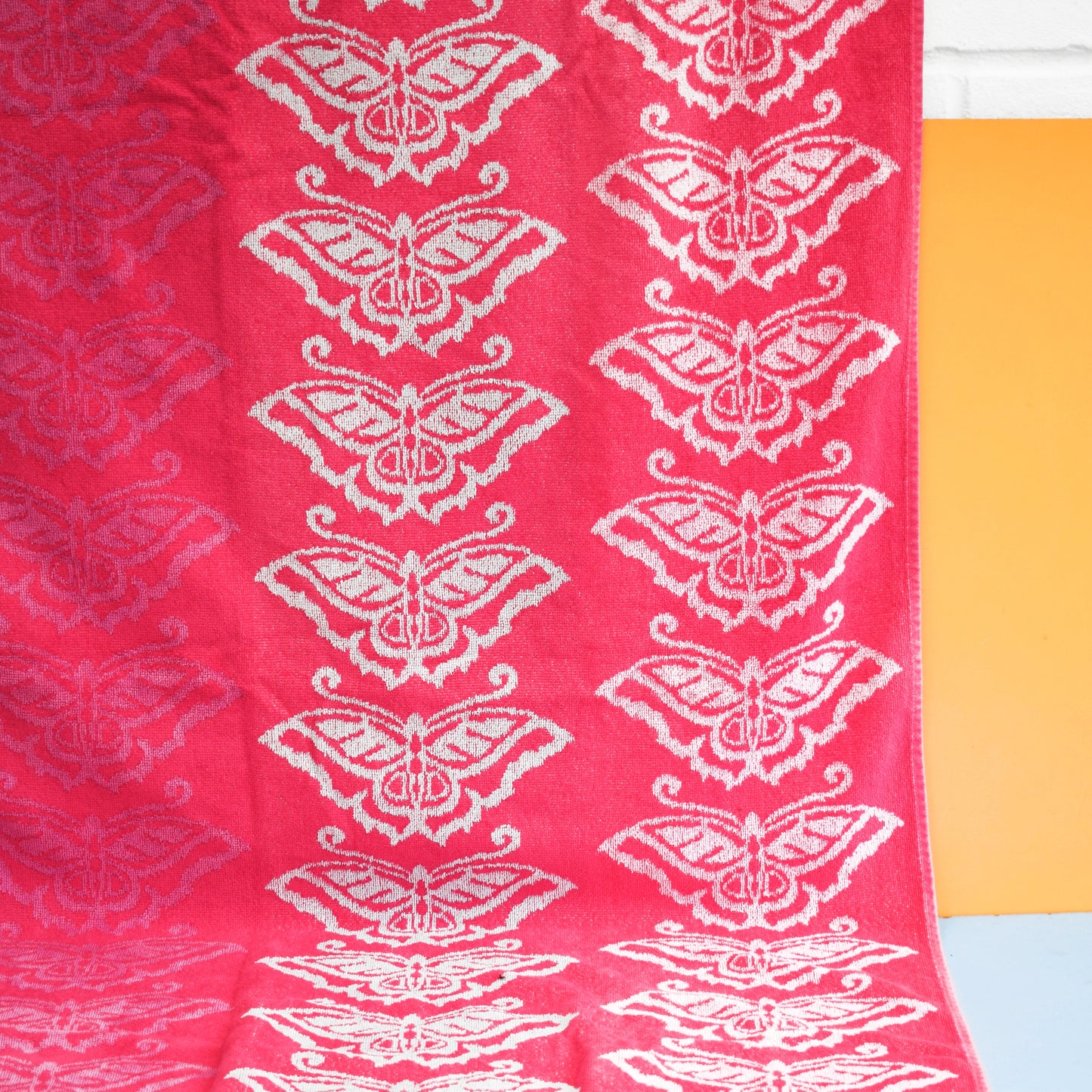 Vintage 1970s Bath Towel - Pink Butterfly