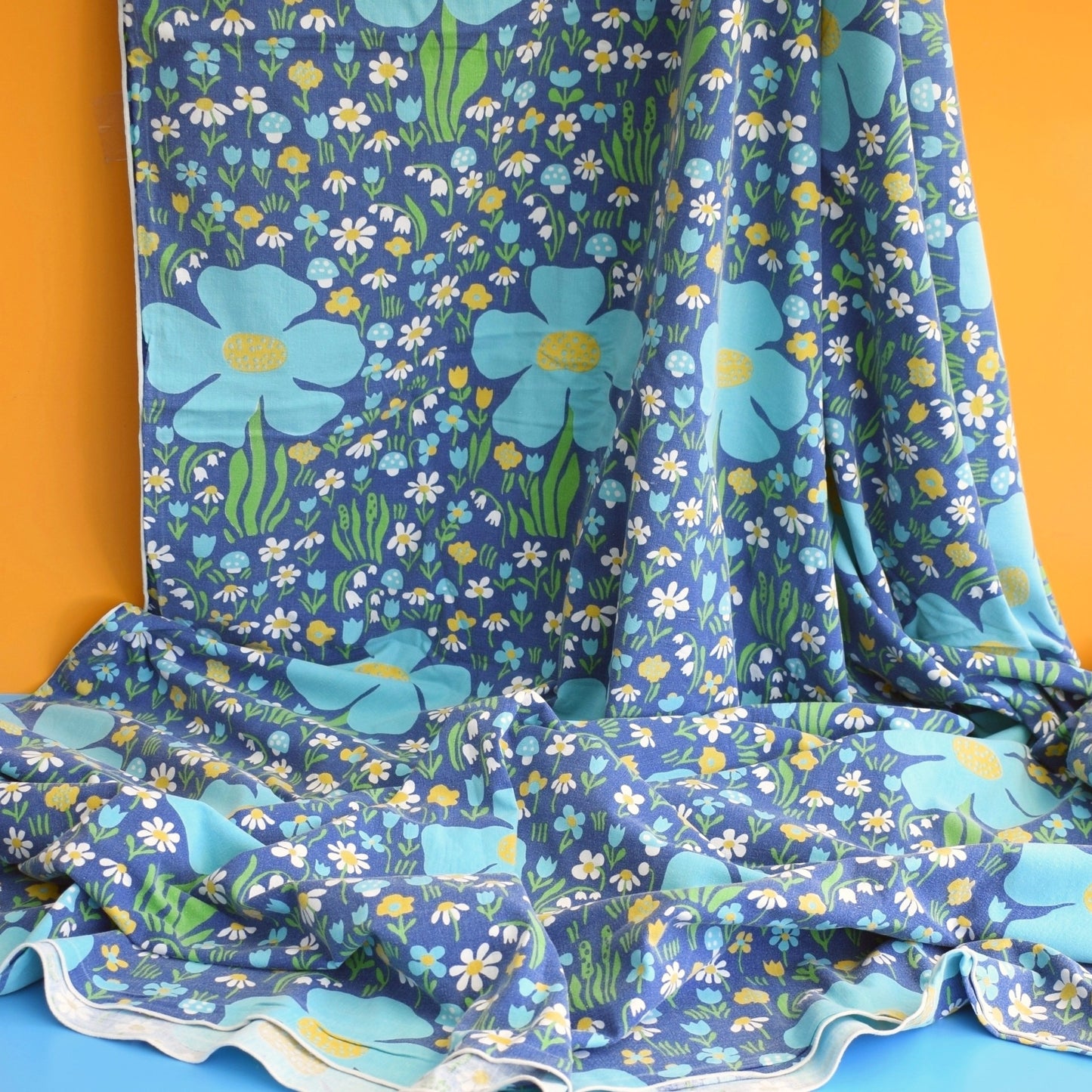 Vintage 1960s Swedish Flower & Toadstool - Single Duvet Cover / Fabric - Blue
