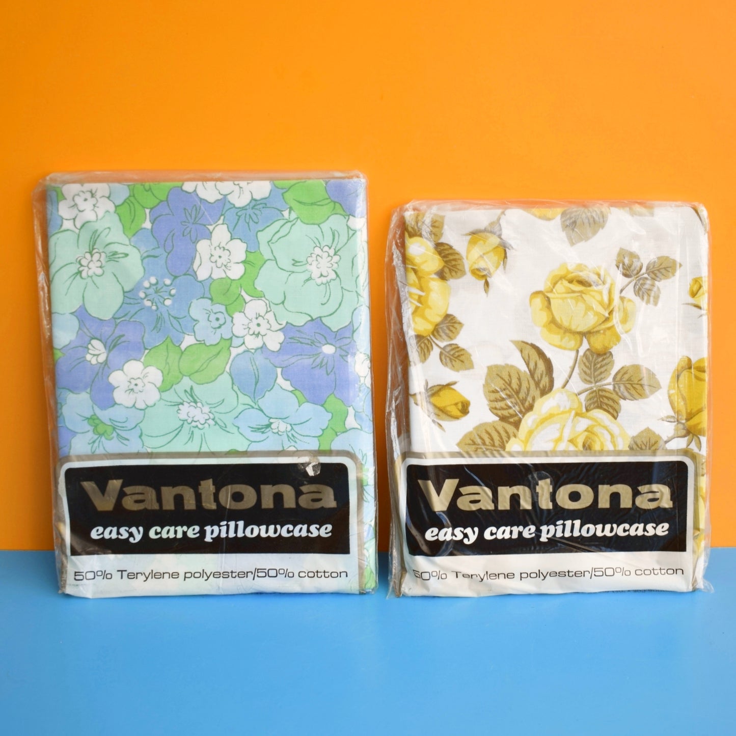 Vintage 1970s Single Pillowcase - Yellow Roses / Blue & Green Flowers