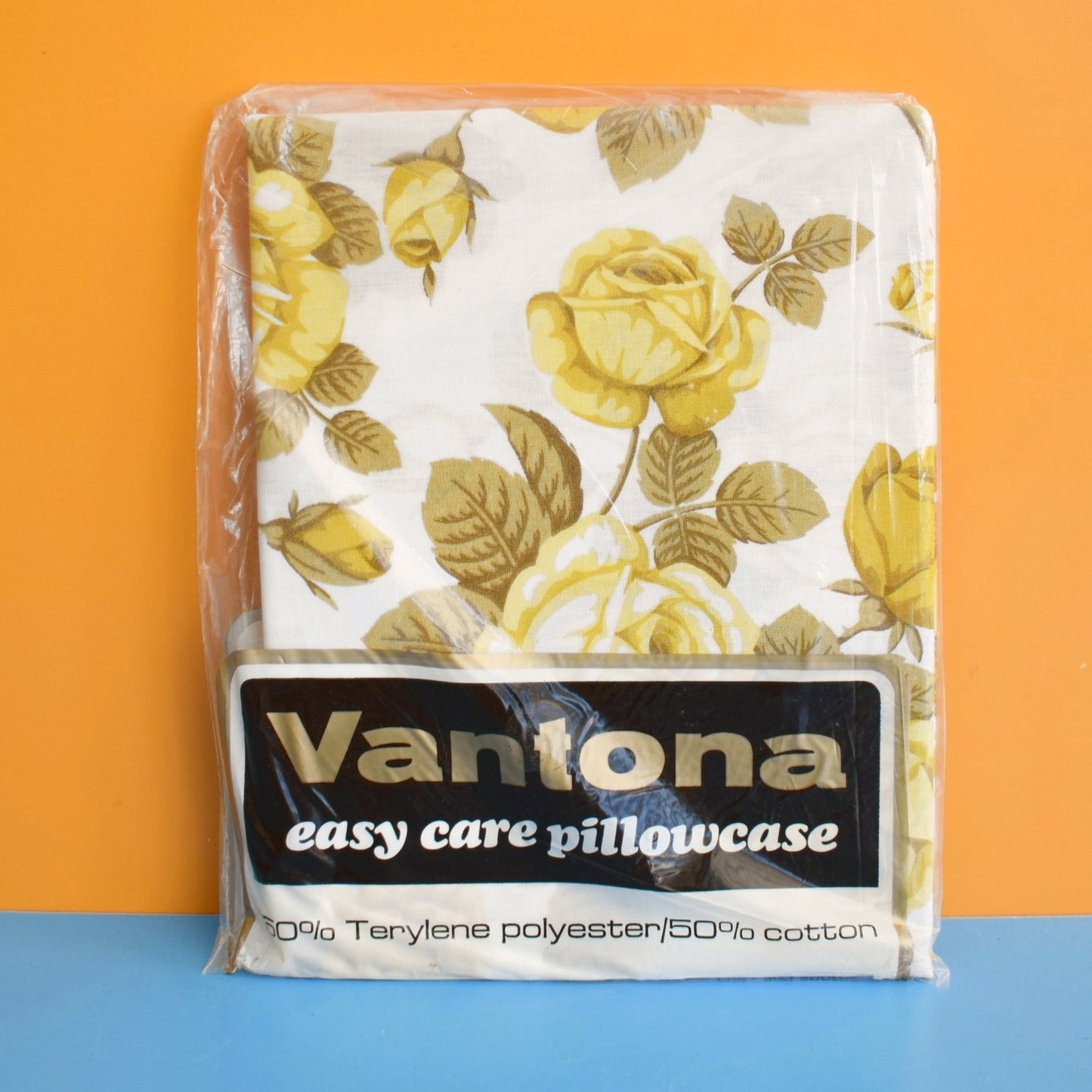 Vintage 1970s Single Pillowcase - Yellow Roses / Blue & Green Flowers