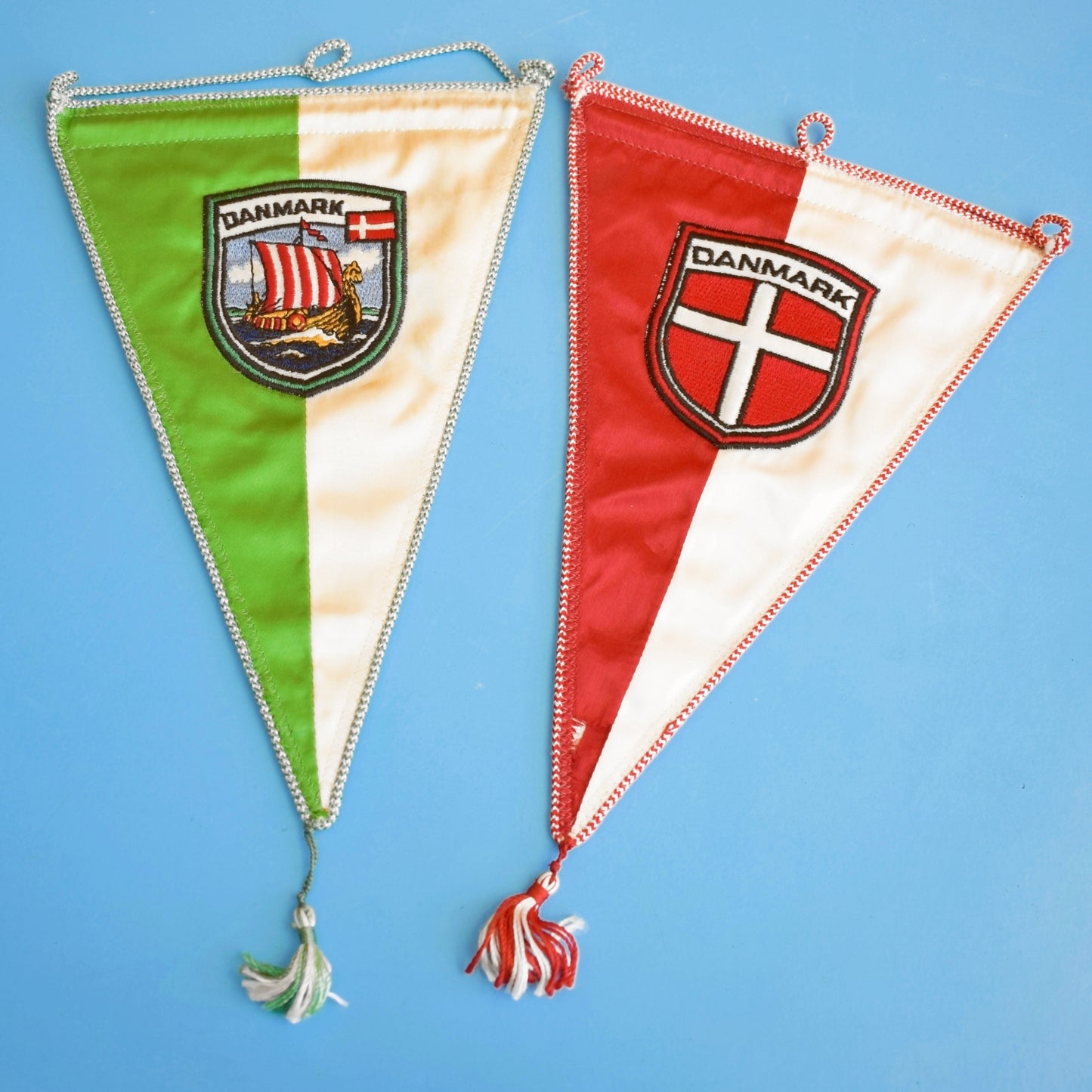 Vintage 1960s Satin Pennant Flags x2 Danmark / Denmark